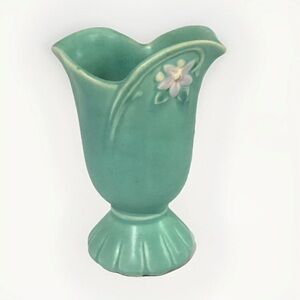 Vintage Weller 1920 Aqua Matte finish Vase Wild Rose Flower 7”